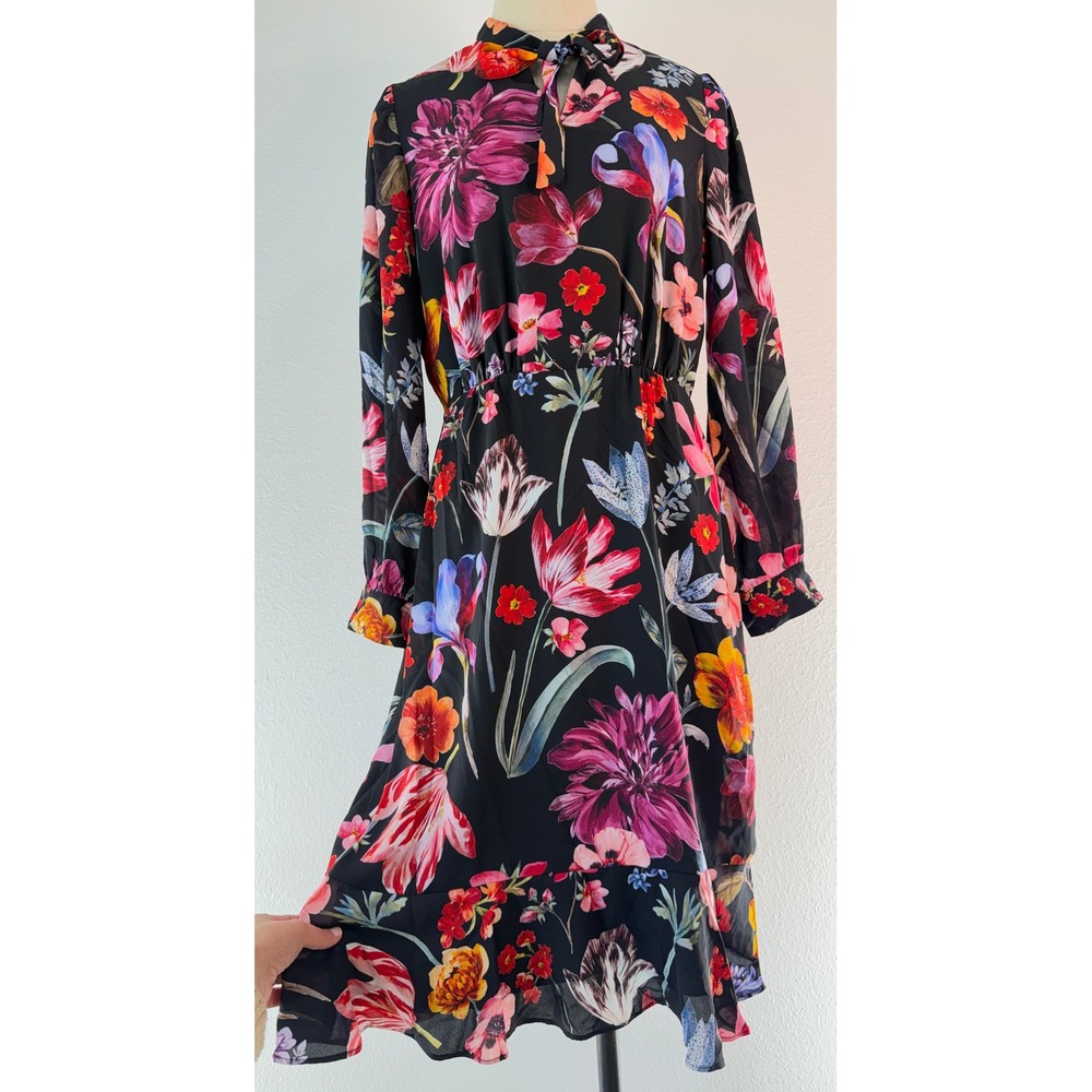 J.Crew Botanical Bloom Black Floral Midi Dress Tie Neck Long Sleeve Ruffle Hem 4